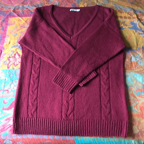 JustFab Deep V Neck Wine Colored Sweater - Picture 2 of 6